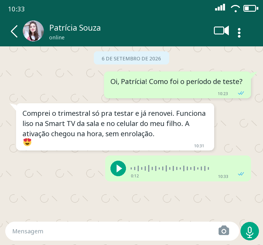 Captura da avaliação de Patrícia Souza no WhatsApp