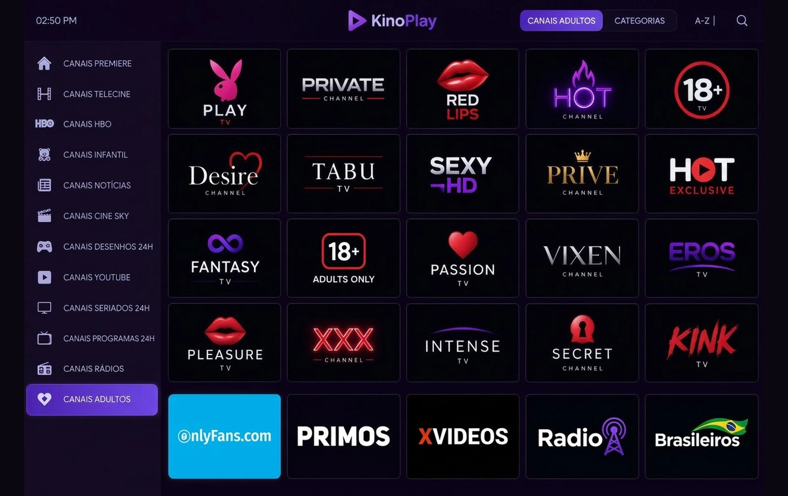 Tela do aplicativo KinoPlay com os canais adultos protegidos por senha