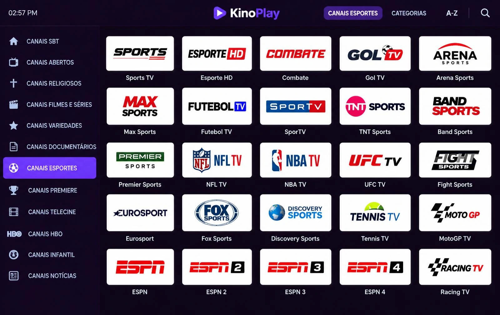 Tela do aplicativo KinoPlay com os canais de esportes ao vivo